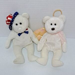 Pair of White Plush Teddy Bear Beanie Babies -- Benjamin & Halo